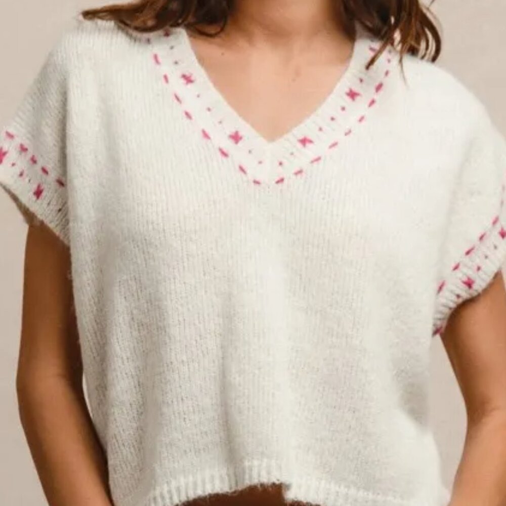 BiBi Knit Solid Contrast Stitch Detail Short Sleeves Sweater